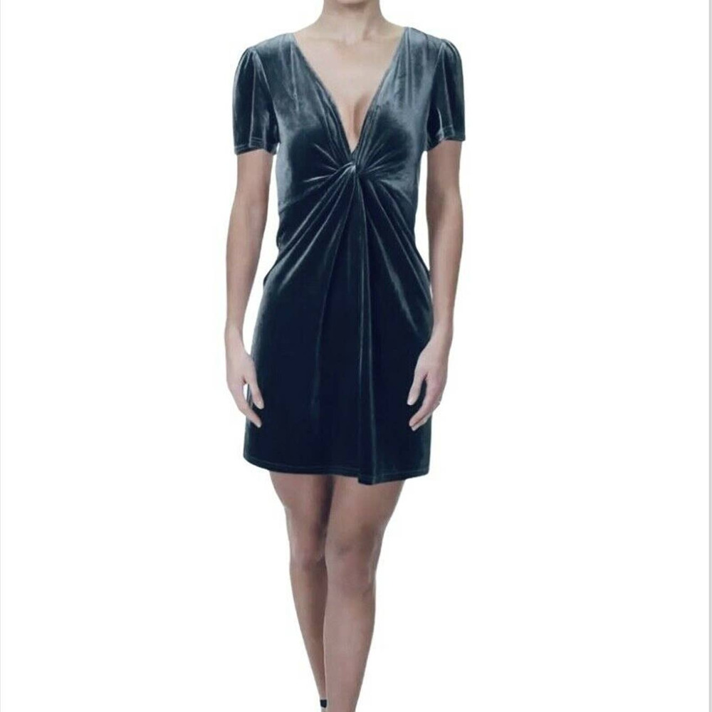 Aqua Blue-Gray Velvet Shimmer Stretch Deep V-Neck Plunge Cocktail Party Dress